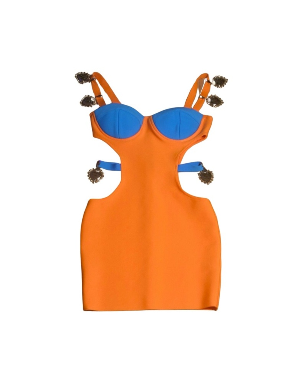 Festival Orange Cutout Mini Dress with Blue Bust Accents | Size Small